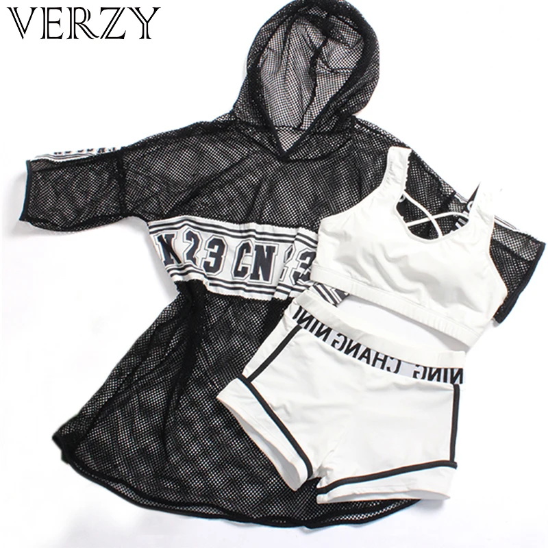 

sports tankini with sexy mesh hoodie blouse solid black white letters fitness bra+shorts+smock 3 pieces beachwear for girl