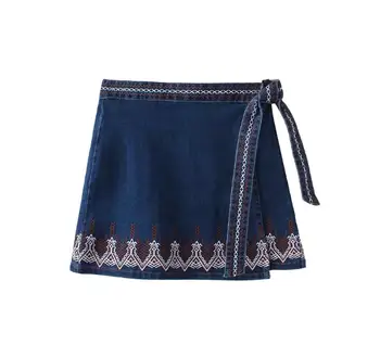 

2018 Women Denim Skirt Runway Embroidered Jeans Wrap Skirt Boho Tribal A-Line High Waist Vintage Skirt