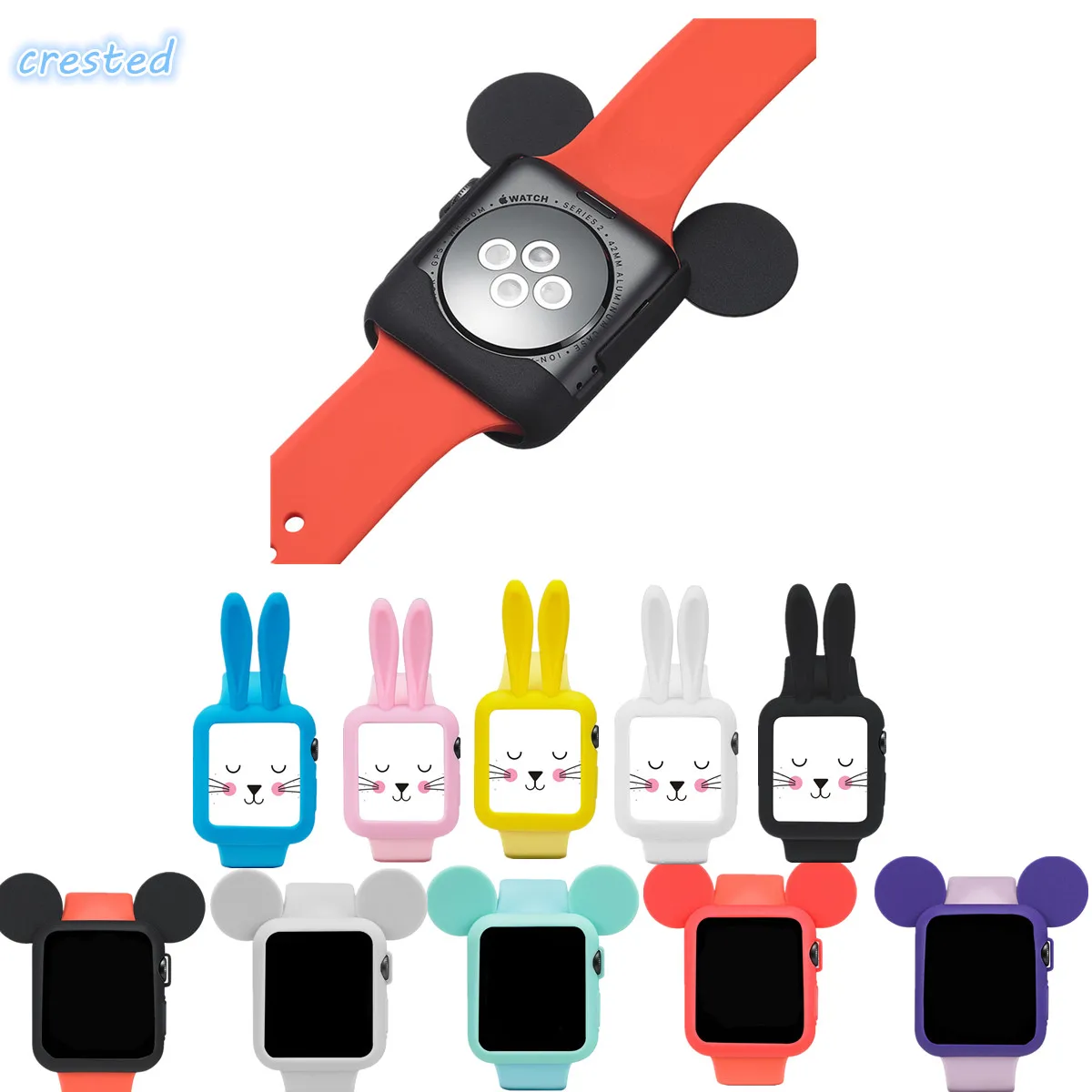 CRESTED Cute cartoon Mouse rabbit ears Soft Silicone protective for Apple Watch case iWatch 1/2 42 mm/38 Colorful cover shell