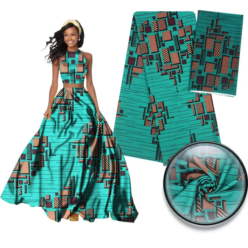 

Digital african wax pattern silk fabric hot selling printed wax design silk fabric for woman party dress 4+2 yards S180510