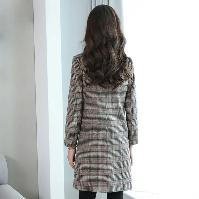 Vangull размера плюс 5XL осенне-зимнее шерстяное пальто женское клетчатое смесовое офисное женское двубортное длинное пальто повседневная приталенная куртка