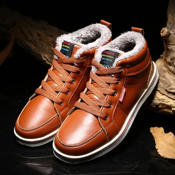 

New Winter Keep Warm Snow Boots Solid Color Ankle Boots Male Casual Shoe Man PU Leather Shoes Men Size 39-44 Chaussure Homme