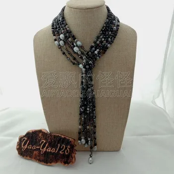 

N011427 49" 3 Rows Mixed Color Stone Gray Rice Pearl Necklace