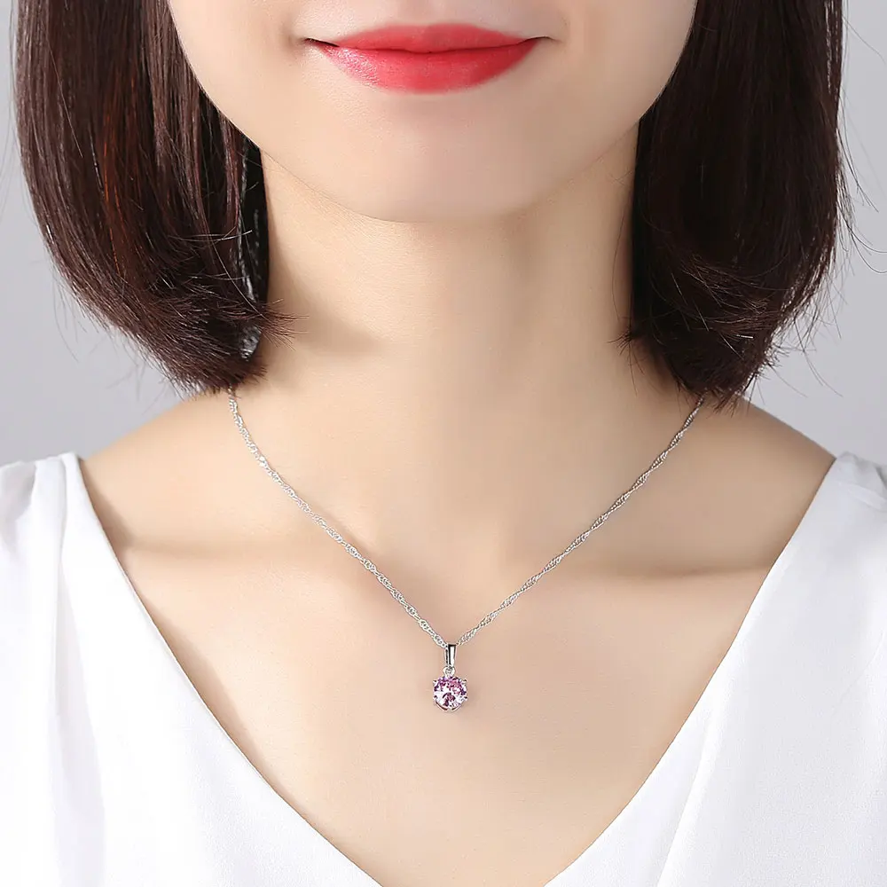 Fashion AAA Zircon Round Crystal Pendant Choker Necklace for Women Females Green Purple Blue Pink Color CZ Jewelry Gifts