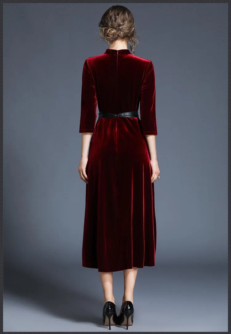 Женское бархатное платье большого размера, Платье макси с рукавом три четверти, вечернее винтажное платье красного вина, Платья для вечеринок, подиум