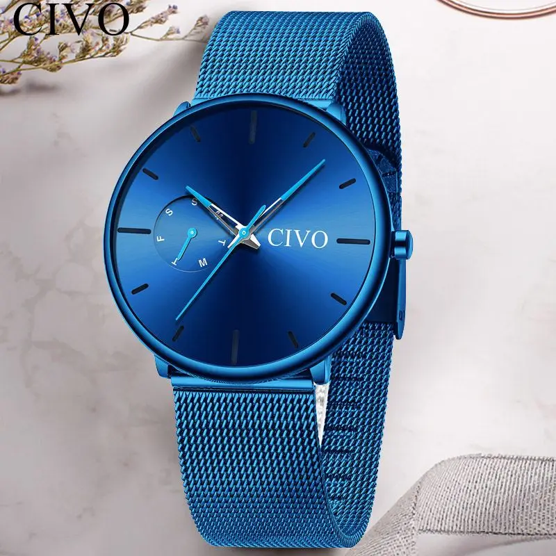 

CIVO Casual Blue Mens Watches Waterproof Mesh Stainless Strap Watch Fashion Sport Quartz Wristwatch Erkek Kol Saati Luxury Clock
