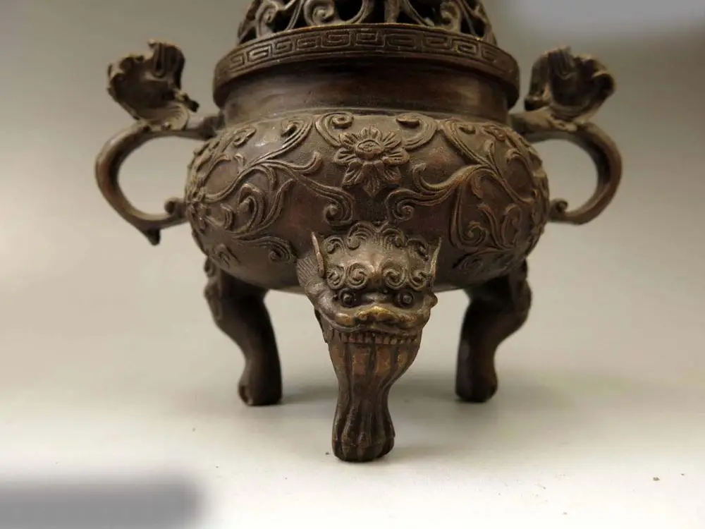 DS Китай бронза кадило резные изобразительных медь Шесть Foo Собаки Лев Курильница Статуя
