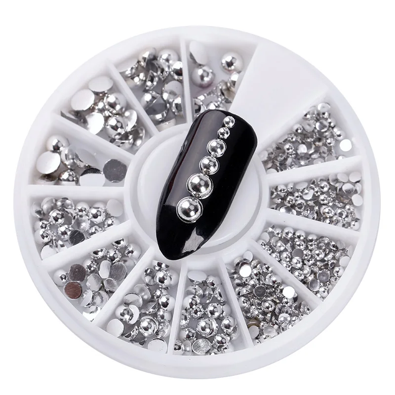 

1 Box Gold&Silver Half-Round Bead Mix Size For Nail Art 3D Decoration Alloy Wheel Manicure Stud Supplies ZP291