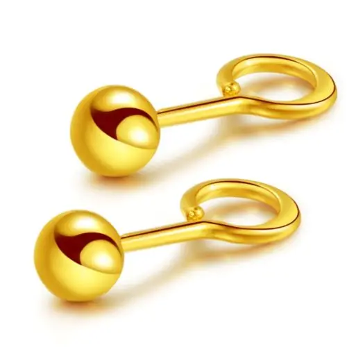 

Fine Real 24k Yellow Gold Earrings Women Luck Smooth Ball Stud Earrings 1.3-1.8g