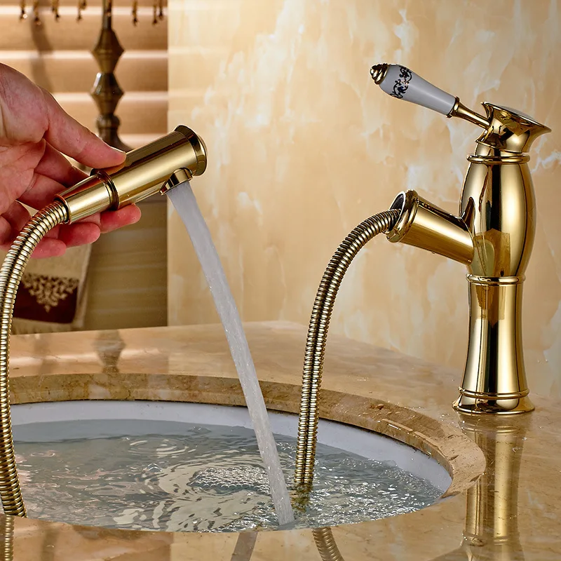 

smoked pull out basin faucet heat sinks Higher tensile shampoo the sink tap Cold and hot water all copper basin suction tap