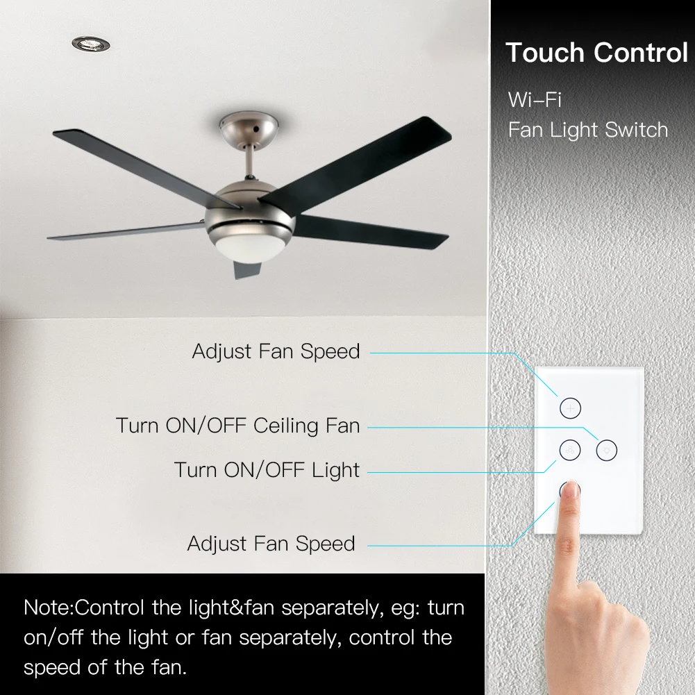 Ventilador de Teto Interruptor de Parede Controle de Velocidade Compatível com Alexa e Inicial do Google Wi-fi Inteligente Smart Life – Tuya App Remoto Diferentes Luz