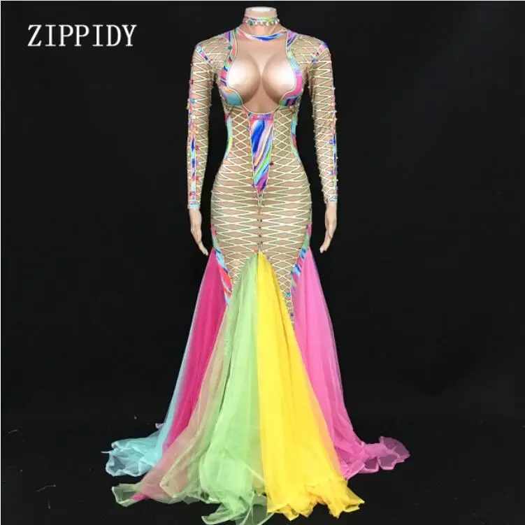 

Colorful Mesh Tail Long Sleeves Dress Female Singer Dancer Stage Wear One-piece Long Dress Women's Birthday Celebrate Dress