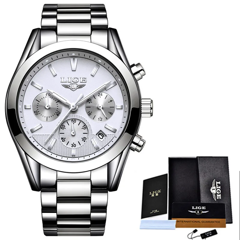 steel silver white Мужские часы Relojes Hombre, новинка, LIGE, мужские часы, Топ бренд, Роскошные, модные, бизнес, кварцевые часы, мужские, водонепроницаемые, полностью стальные, спортивные часы - Цвет: steel silver white