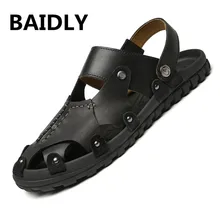 Мужские сандалии больших размеров 38-47 модные черные сандалии из натуральной кожи мужские брендовые кожаные сандалии пляжные шлепанцы Мужская водонепроницаемая обувь