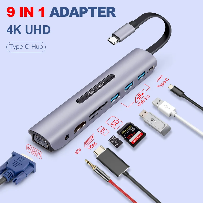 

Thunderbolt 3 Type-c docking station USB C To HDMI+VGA with sound HUB HD converter 9 in 1 for Macbook 2017