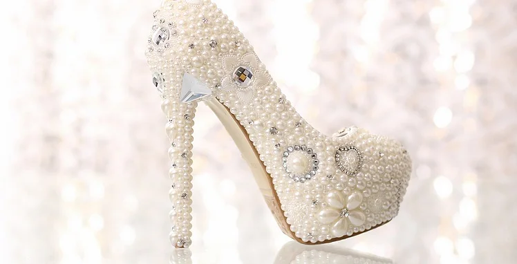 6_Pearl Diamond White Bridal Wedding Shoes Red Platform Super High Heels Woman Elegant Free Shipping Size 40