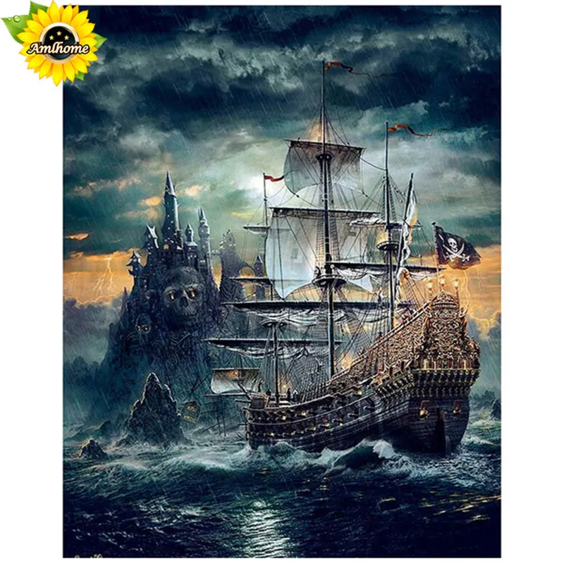 YIKELA Full Square 5D DIY Diamond embroidery Black Pearl Ship Painting Cross Stitch Rhinestone Mosaic Decor SY2O | Дом и сад