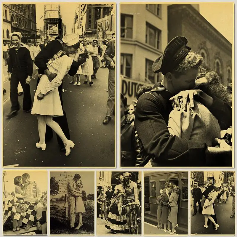 

Retro Poster World War II Victory Old Photo Bar Cafe Vintage Decoration Painting Nurse Kisses Sailor Home Art