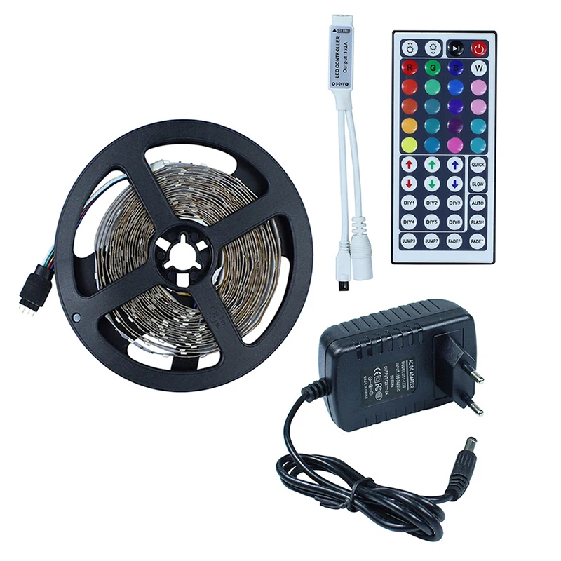 

5M 5050 RGB LED Strip light 30leds/m DC12V LED Flexible Light +Mini 44 Keys IR Remote Controller +12V Power Adapter
