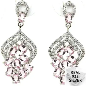 

4.6g Real 925 Solid Sterling Silver Ravishing Top Pink Kunzite, CZ Woman's Present Earrings 34x15mm