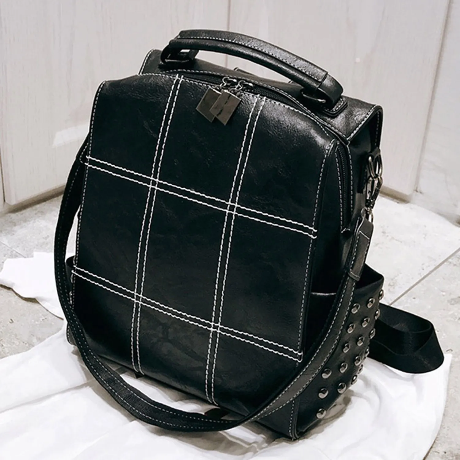

JHD-Women's Large Leather Backpack Female Teenage Girl School Backpack Vintage Rivet Bag Mochila Solid Shoulder Bag