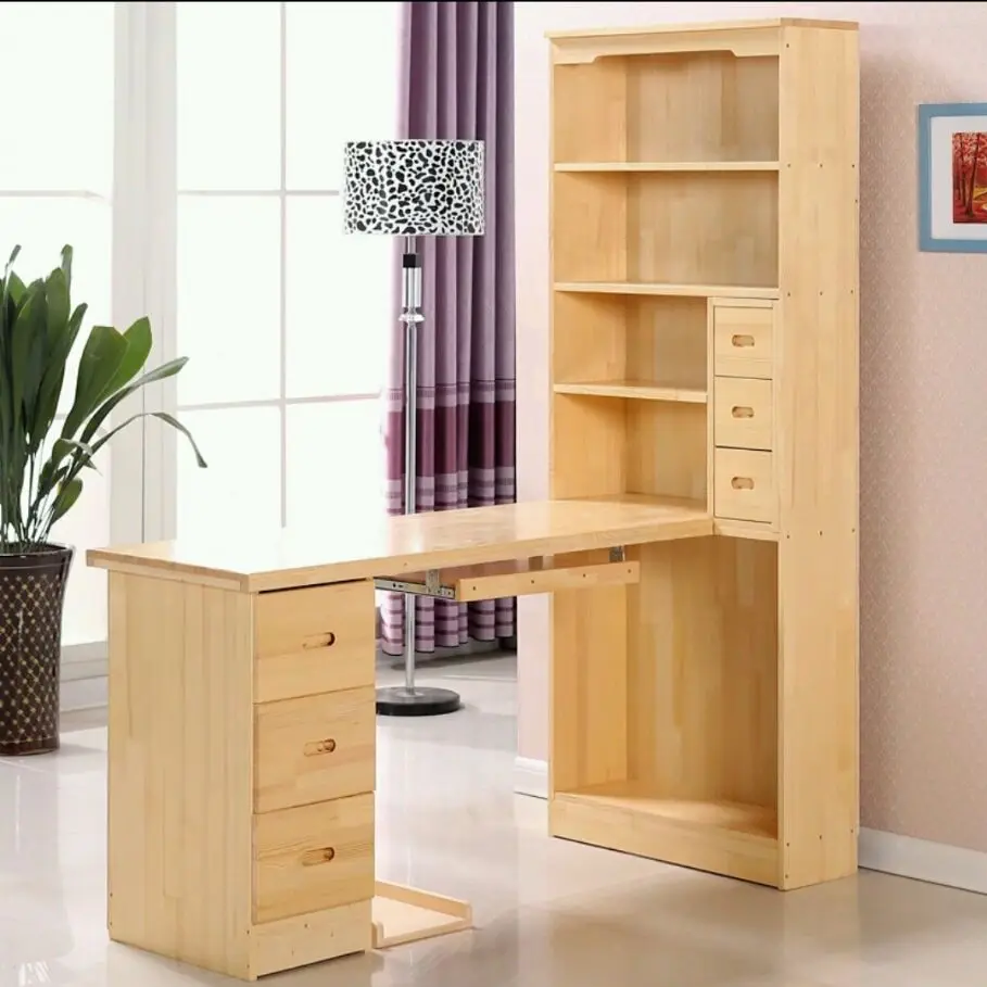 Pure solid wood computer desk with bookcase cabinet corner