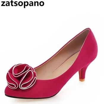 

New Spring Summer Fashion Sexy Big Flower Round Toe High Heels Work Shoes Woman Ladies Wedding Party Pumps Dress Shoe Size 31-43
