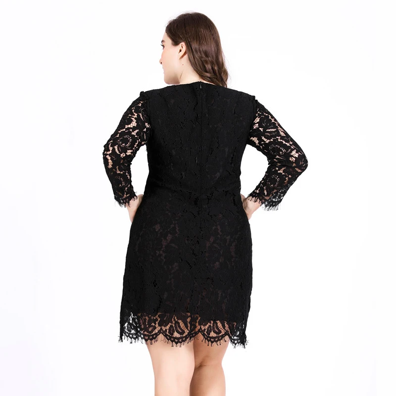 Женское черное кружевное платье размера плюс, Осеннее элегантное XL-6XL платье большого размера, облегающее Сексуальное Мини Короткое платье, одежда