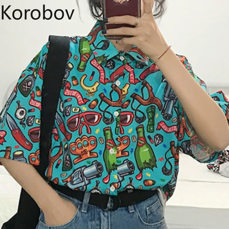 

Korobov Harajuku Cartoon Print Blusas Femininas Streetwear Short Sleeve Ulzzang Shirt Hip Hop Style Vintage Korean Blouse 78111