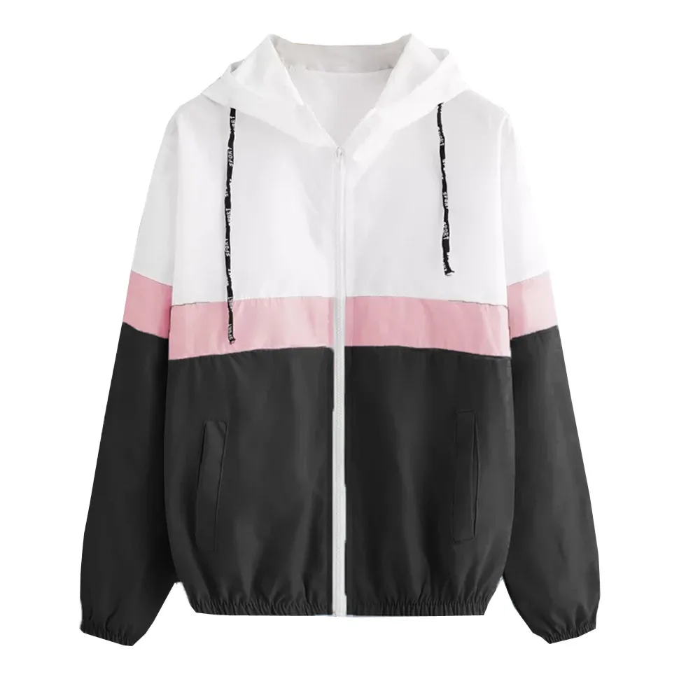 

Women clothing Patchwork Sweatshirt Splice Hit Color Skinsuits Hooded Sweatshirt Zipper Pockets Coat Girls Thin Spring Fall