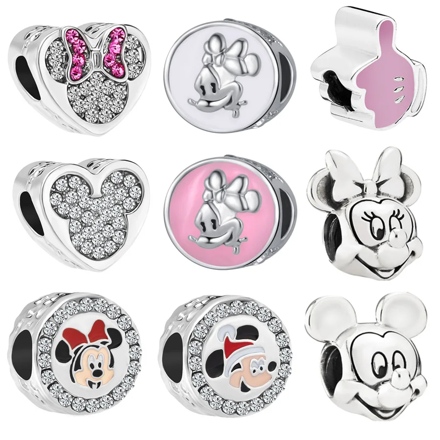 

Silver Plated Beads Charms fit Pandora Bracelet Bangle Mickey Iconic Glove White Enamel pink Minnie Mickey Charm DIY Jewelry
