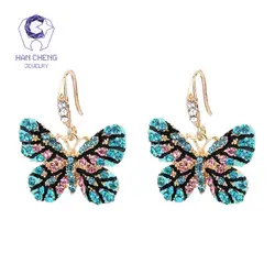 HanCheng новые модные роскошные золотые Висячие висячие серьги-капельки с разноцветными бабочками для серьги-капельки с кристаллом bijoux