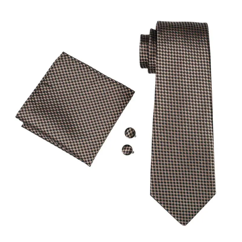 LS-833 мужской Галстук коричневый геометрический шелк классический Barry.Wang галстук+ носовой платок+ запонки набор для мужчин формальная Свадебная вечеринка