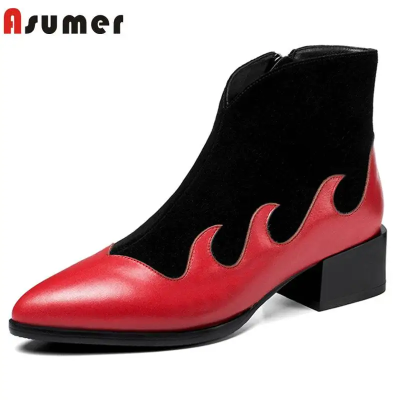

ASUMER PLUS SIZE 33-42 2018 HOT fashion patchwork genuine leather boots pointed toe ankle boots for women zipper winter boots