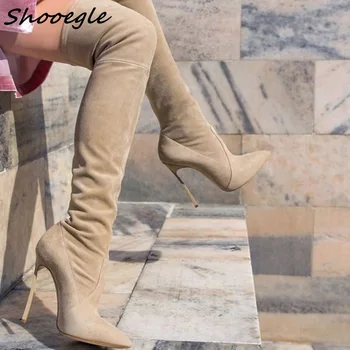 

SHOOEGLE 2018 NEW Autumn Winter Women Boots Stretch Suede Thigh High Boots Over the Knee Boots High Heels Shoes Woman Sapatos