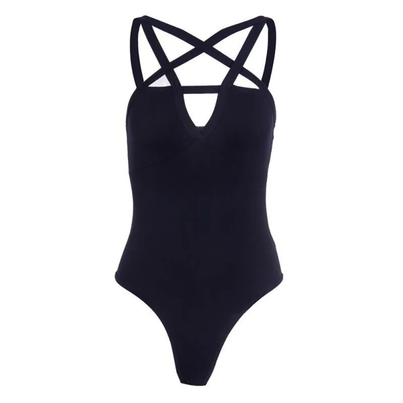 Sexy Women Jumpsuits Backless Cross Strap Front Design Hollow Out Pentagram Romper Black Sleeveless Slim Solid Color Bodysuit Sexy Women Jumpsuits Backless Cross Strap Front Design Hollow Out Pentagram Romper Black Sleeveless Slim Solid Color Bodysuit