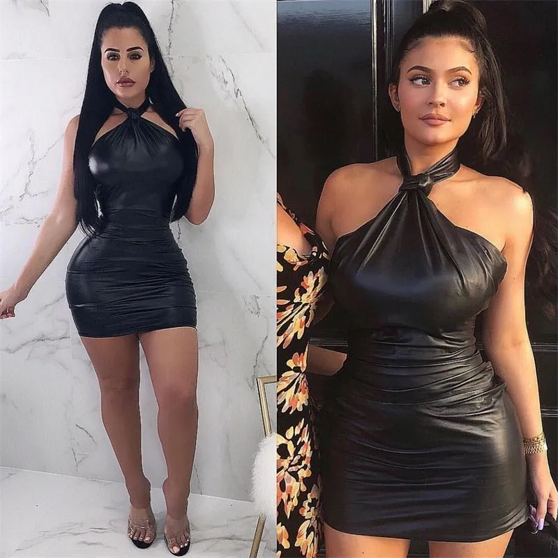

Ohvera Halter Black PU Leather Dress Women Backless Mini Summer Sexy Party Dresses Elegant Bodycon Dress Vestidos