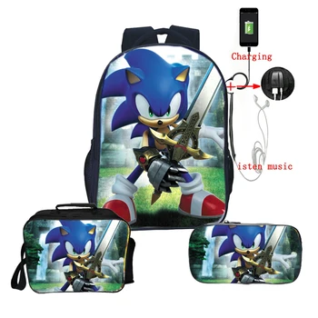 

Sonic USB Charge Backpack Boys Girls School Backpacks Children High Quality Backpack 3pcs/set Backpack+lunchBag+pencilCase
