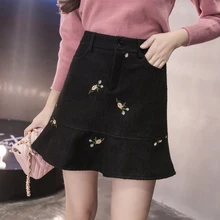 Империя оборками Русалка мини-юбка с вышивкой мини-юбка для девочек юбка миди Для женщин Jupe Falda de las mujeres