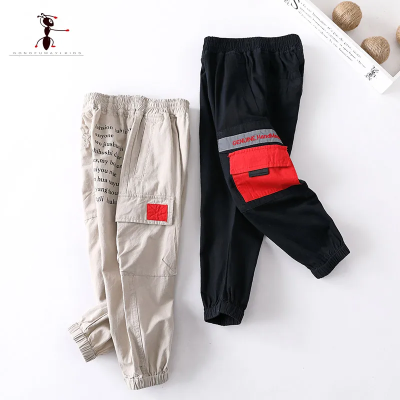 

Kung Fu Ant 2019 Spring Autumn Fashion Letter Full Length Cotton Boys Casual Pants Big pocket Cuffed Cuffs Children's Pants 3401