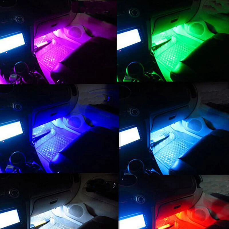 Подсветка салона авто 4 шт. автомобиль rgb светодиодные DRL полосы света Светодиодные ленты огни Цвета салона Декоративные Атмосфера лампа с Дистанционное управление стайлинга автомобилей светодиодная лента