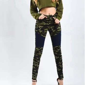 

Camouflage Army Green Moto Jeans Women Plus Size Stretch Biker Jeans Woman Zip Mid High Waist Stitching Skinny Denim Pencil Pant