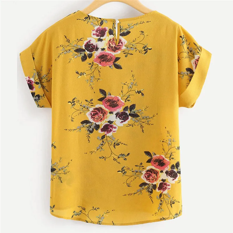 Womail, Летний Топ для женщин, женский желтый топ с круглым вырезом и принтом, рубашка с коротким рукавом, шифоновая Повседневная блузка, Прямая поставка Apr1