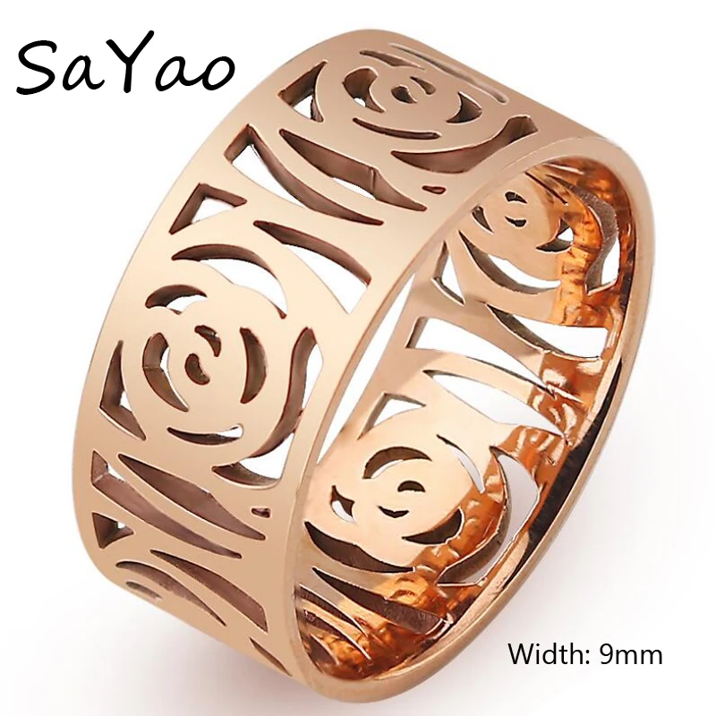 

SaYao 1 Piece Free shipping Fashion Stainless Steel Ring 9mm Width Rose Flower Love Men Women Lover Finger Rings