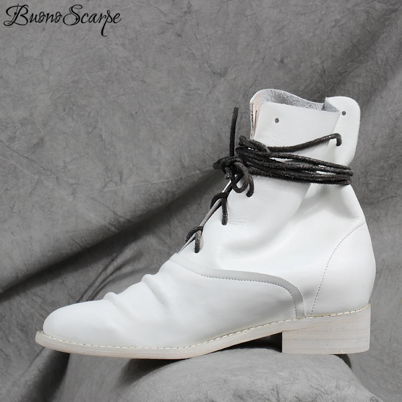 

Buono Scarpe Genuine Leather Women Boots Lace Up Pleated Ankle Boots Handmade Retro Knight Boots Black White Motorcycle Botas