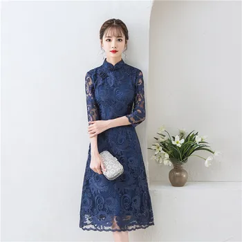 

Traditional Female Slim Qipao Chinese Vintage Lace Three Quarter Cheongsam Classic Handmade Button Veistdos Evening Party Dress