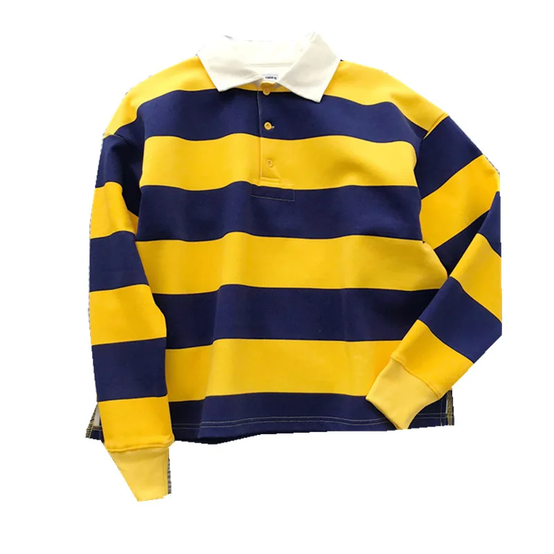 

Shuchan Casual Striped Sweatshirt Women Kawaii Pullovers Turn-down Collar New 2019 Hoodie Kpop Yellow Long Sleeve Green