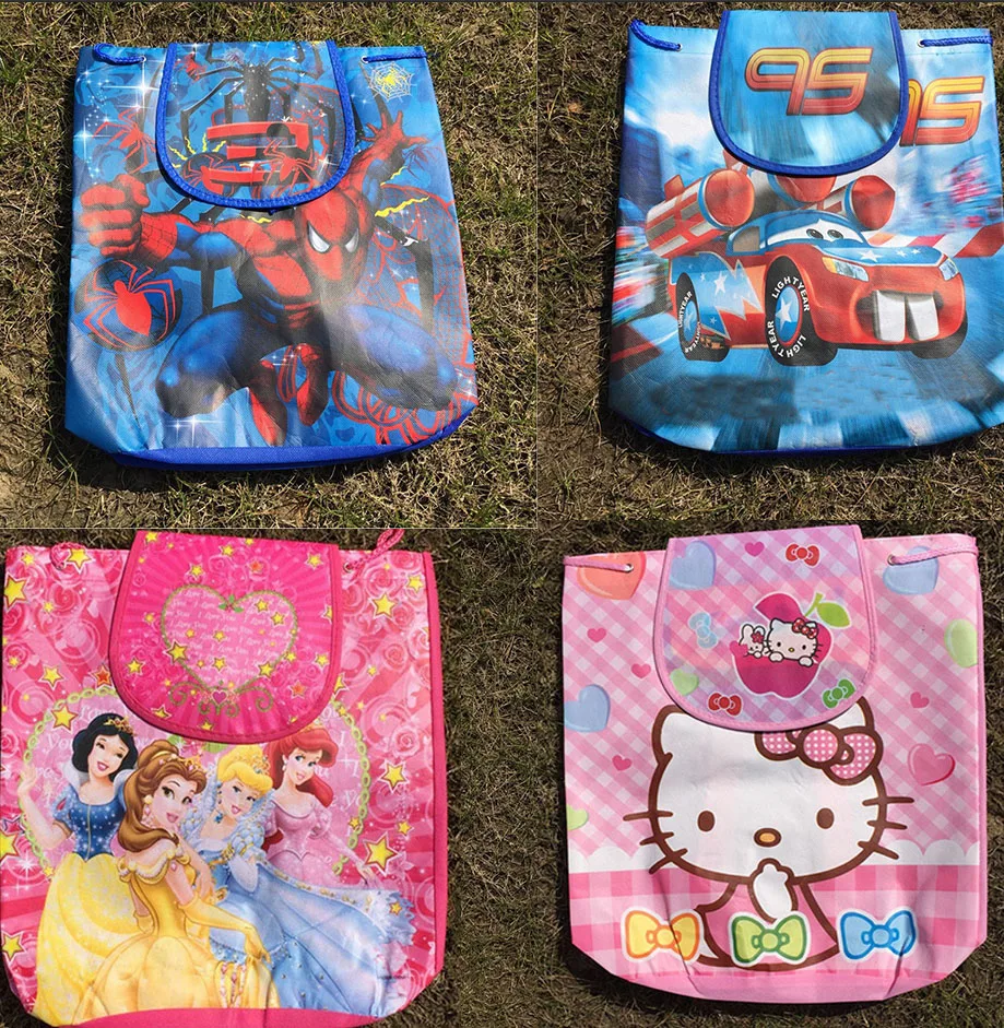 

12Pcs Princess Big Hero Spiderman Cars Pixar Cartoon Kids Drawstring Printed Backpack Shopping School Traveling Party Bags