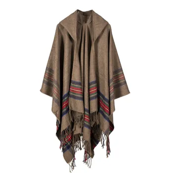 

European and American ladies' thickened colored stripes scarves with hat cashmere jacquard shawls warm and wear fashionable caps