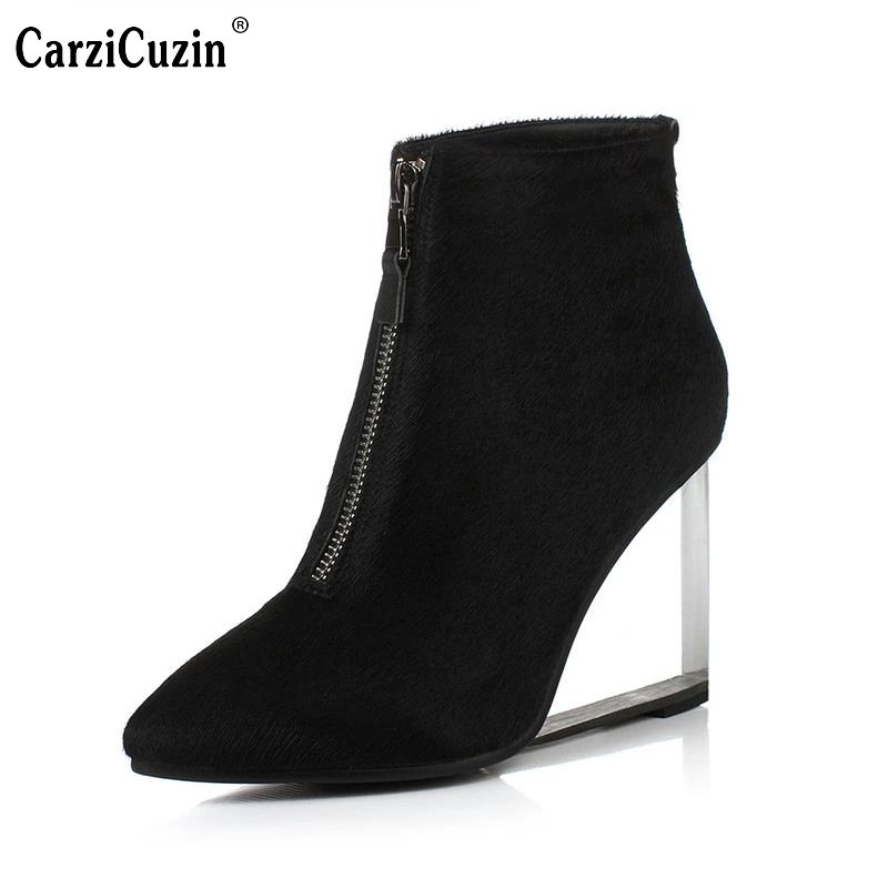 

women real genuine leather wedge shoes sexy brand fashion see through heels fashion zipper sexy pumps shoes size 33-41 R08697